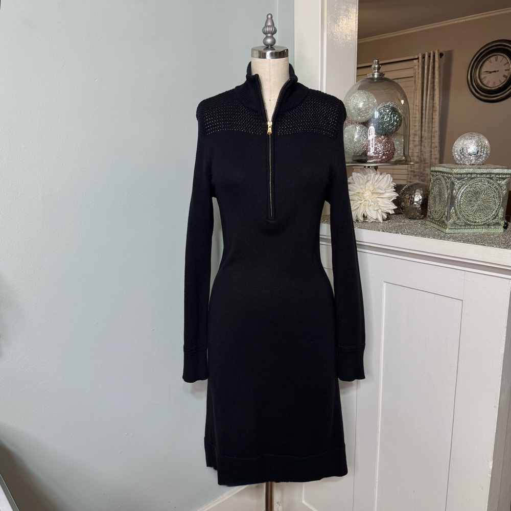 Ralph Lauren Rack Stitch Mockneck Sweater Dress Black Cotton Size Medium - Picture 2 of 12